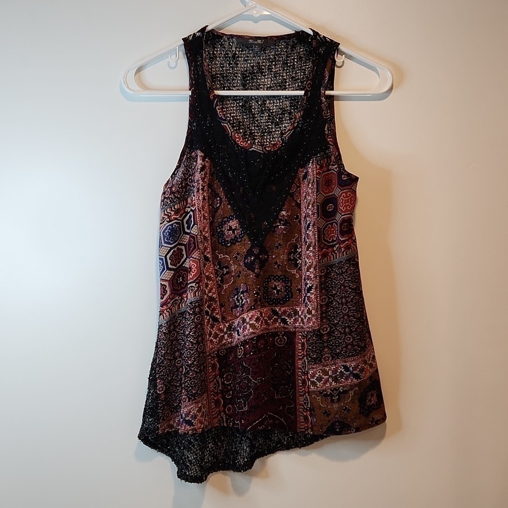 Miss Me Tank Blouse Black Lace Red Floral Sleeveless Velvet Accents Women's Sz S